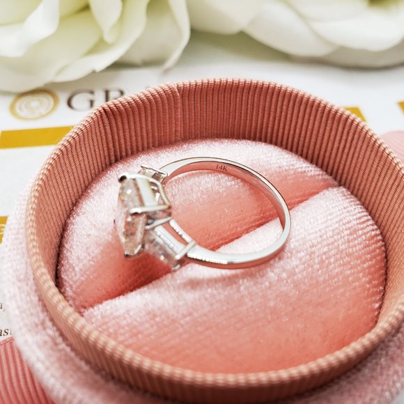 14K White Gold Trilogy 3 Carats Emerald & Tapered Moissanite Engagement Ring - Picture 9 of 13